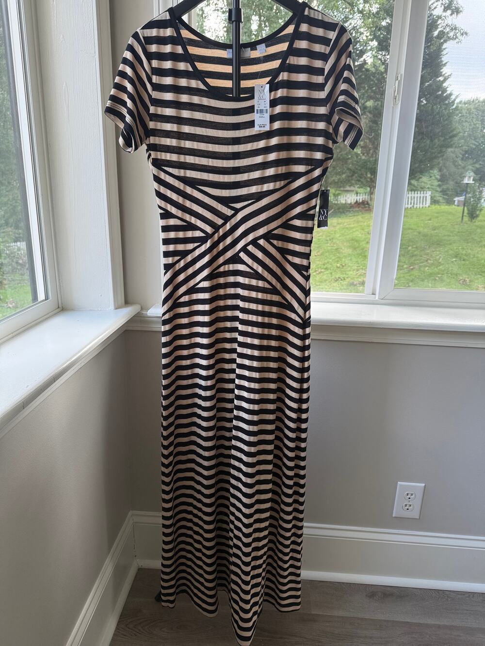 NWT New York & Company S Striped Maxi Dress 90s Minimalist Black Beige
